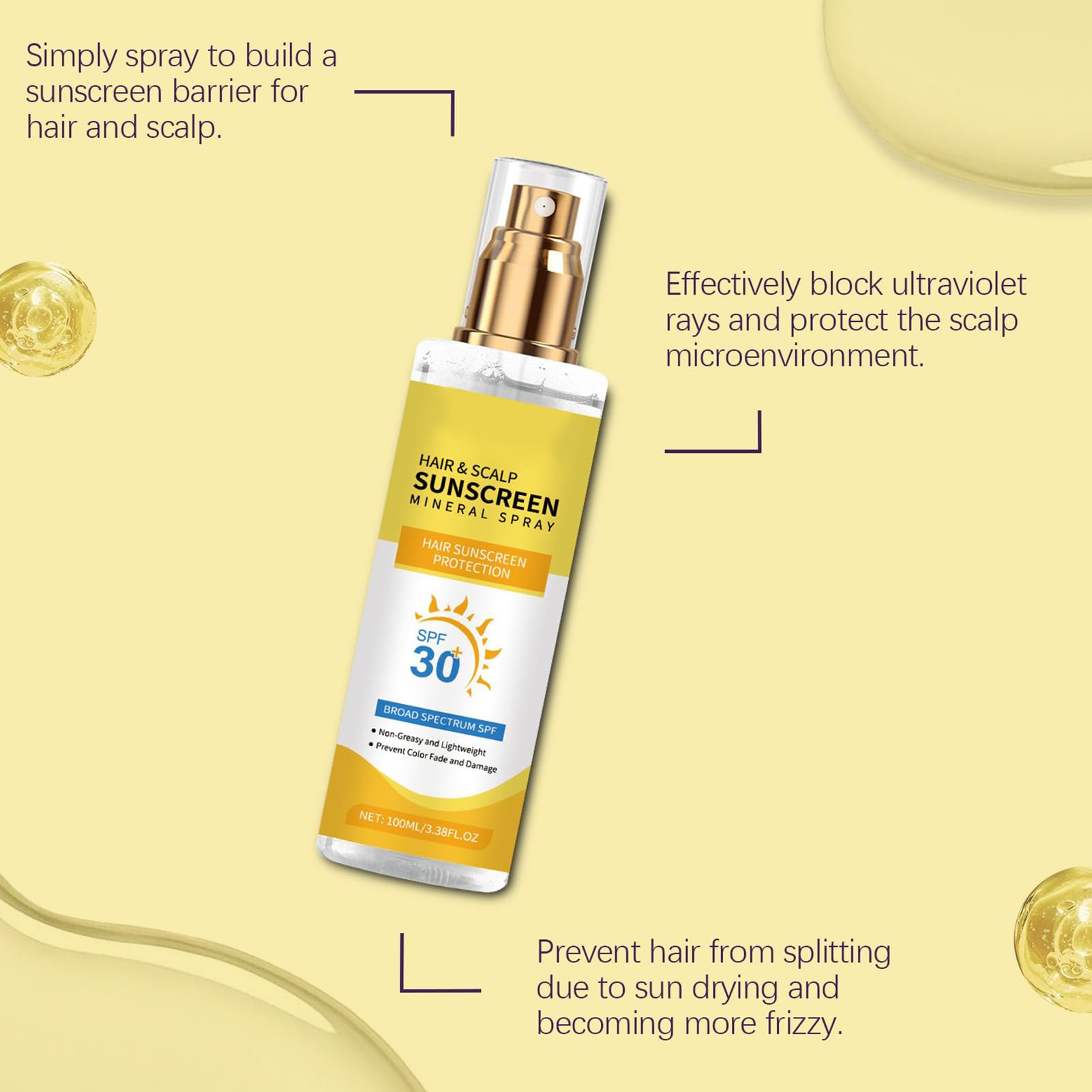 Scalp Screen Spray, 100 ml SPF 30 włosów i mgiełka przeciwsłoneczna, ochrona przed promieniowaniem UV na plażę i na zewnątrz, pielęgnacja skóry w pełnym rozmiarze dla kobiet i mężczyzn, ochrona