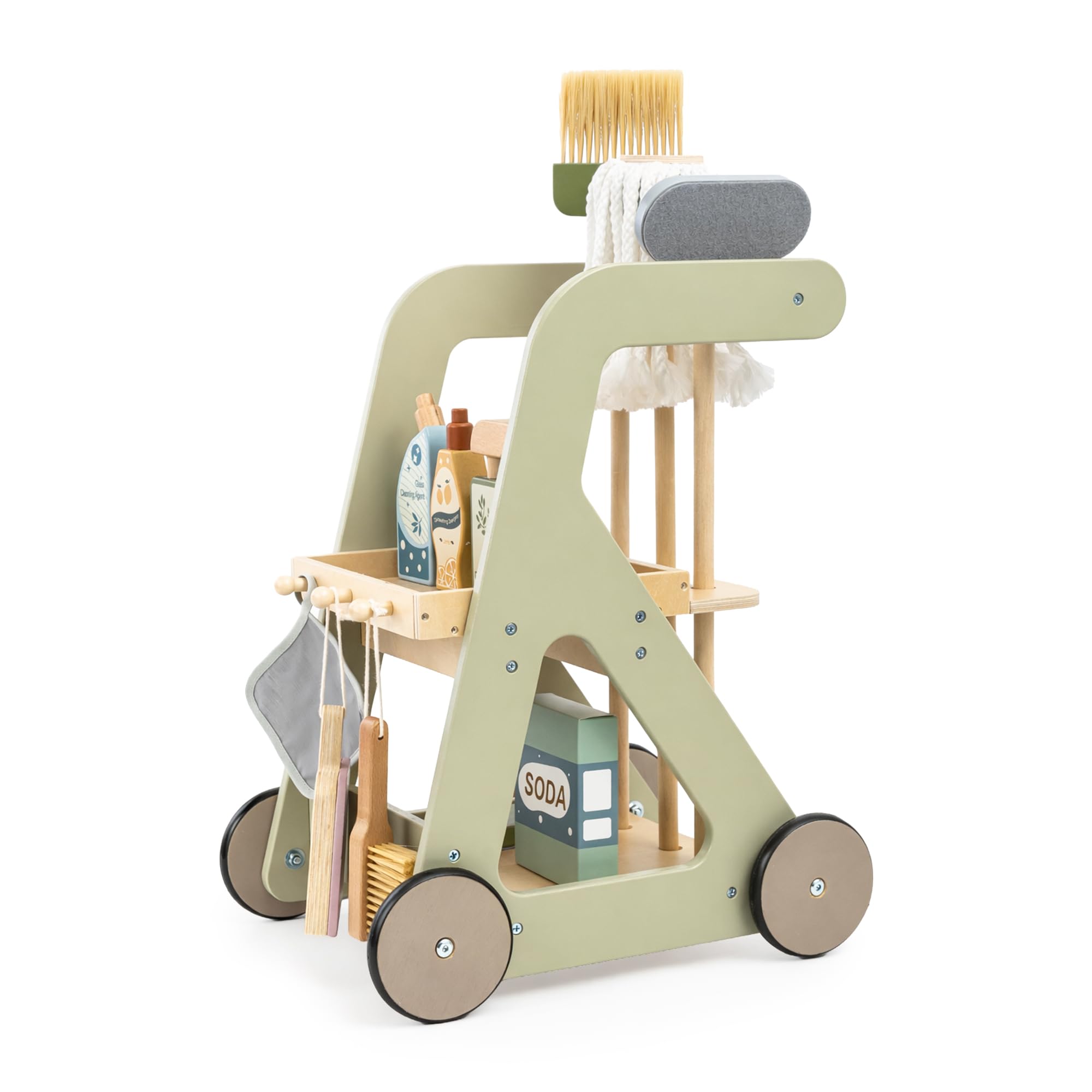 Mamabrum Carrello per la pulizia dei bambini in legno con accessori su ruote set da 11 pezzi giocattolo educativo gioco di ruolo