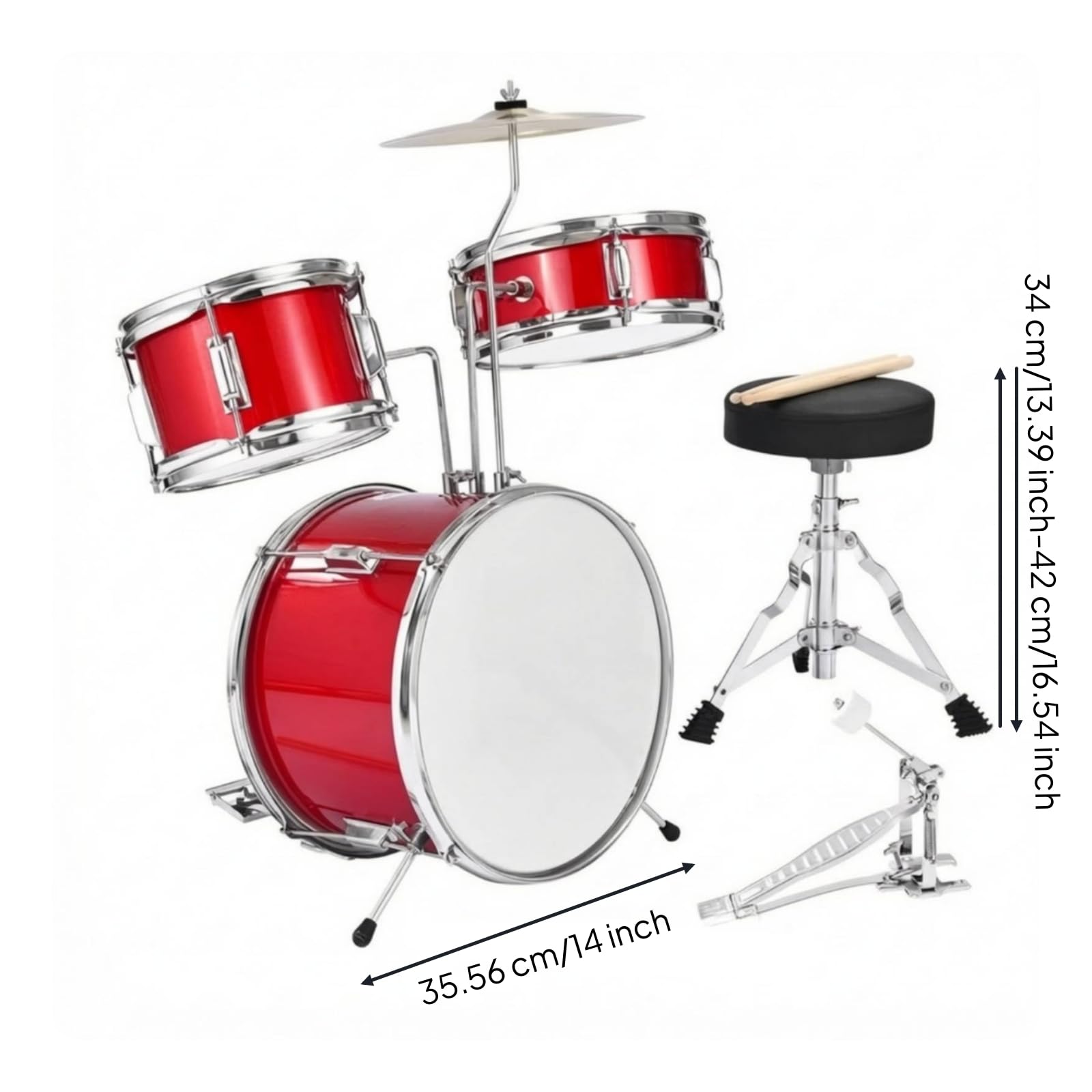 kowaku Batteria con Sgabello e Piatto Acustica Batteria Musicale con Sgabello Regolabile Strumento per Casa , Rosso