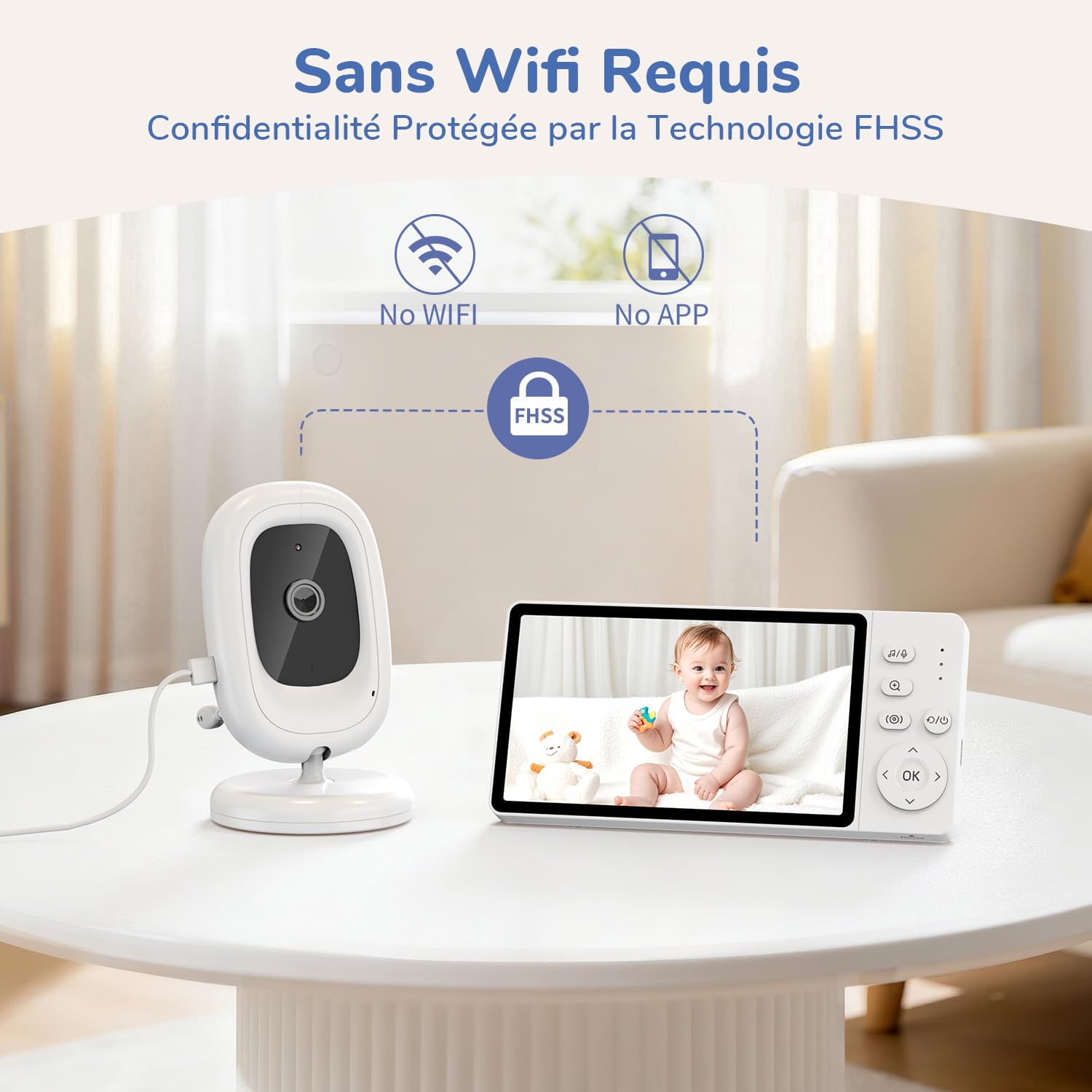 sans WiFi 5" IPS Babyphone Camera, 1080P Babyphone, Vision Nocturne, Mode VOX & Zoom 3X, Audio bidirectionnel Caméra Bébé, capteur de température