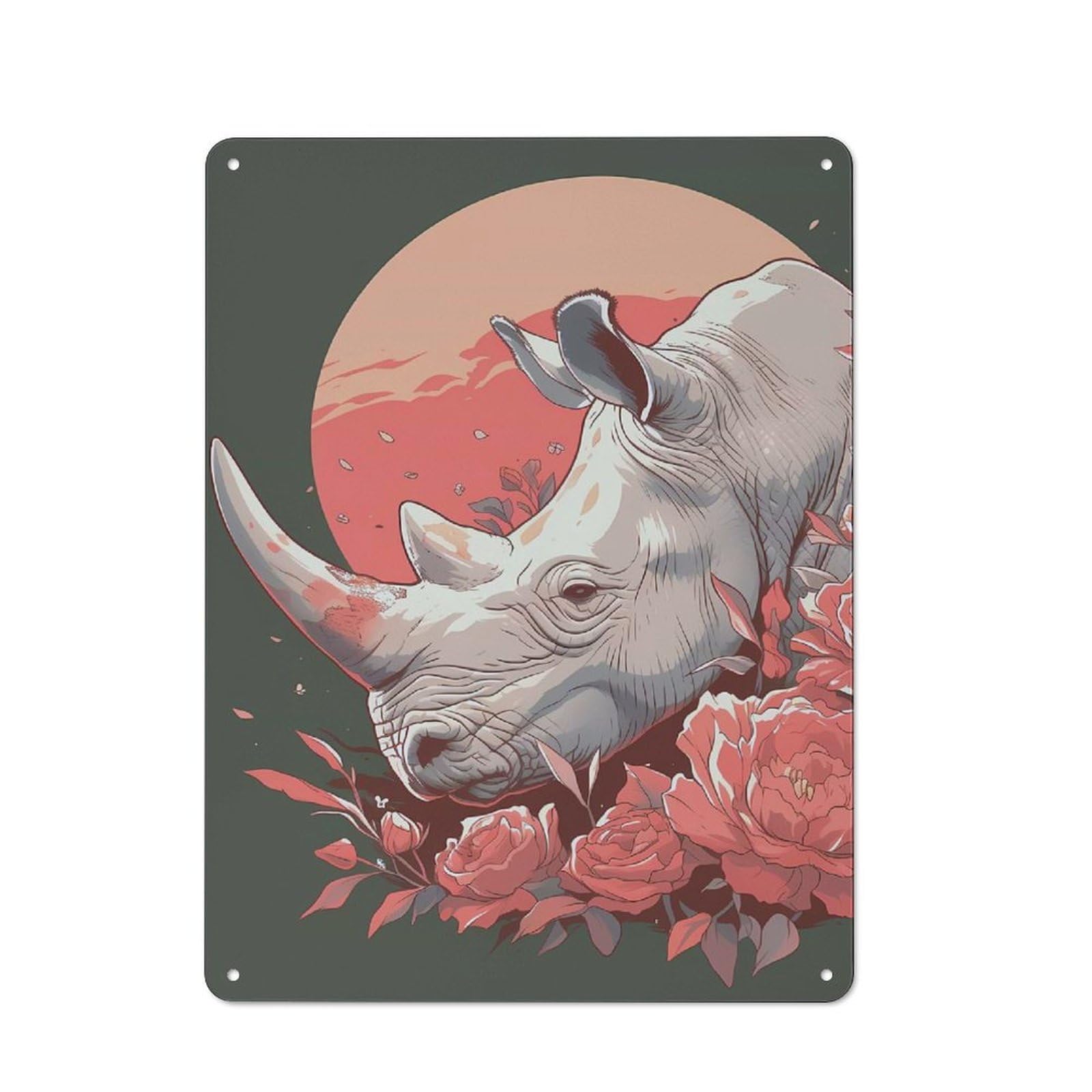 Junmoney Style-19 Rhinoceros And Roses Illustration Rustic Metal Wall Sign 40X30cm For Bar Or Restaurant, A Decorative Metal Sign For Bars And Restaurants
