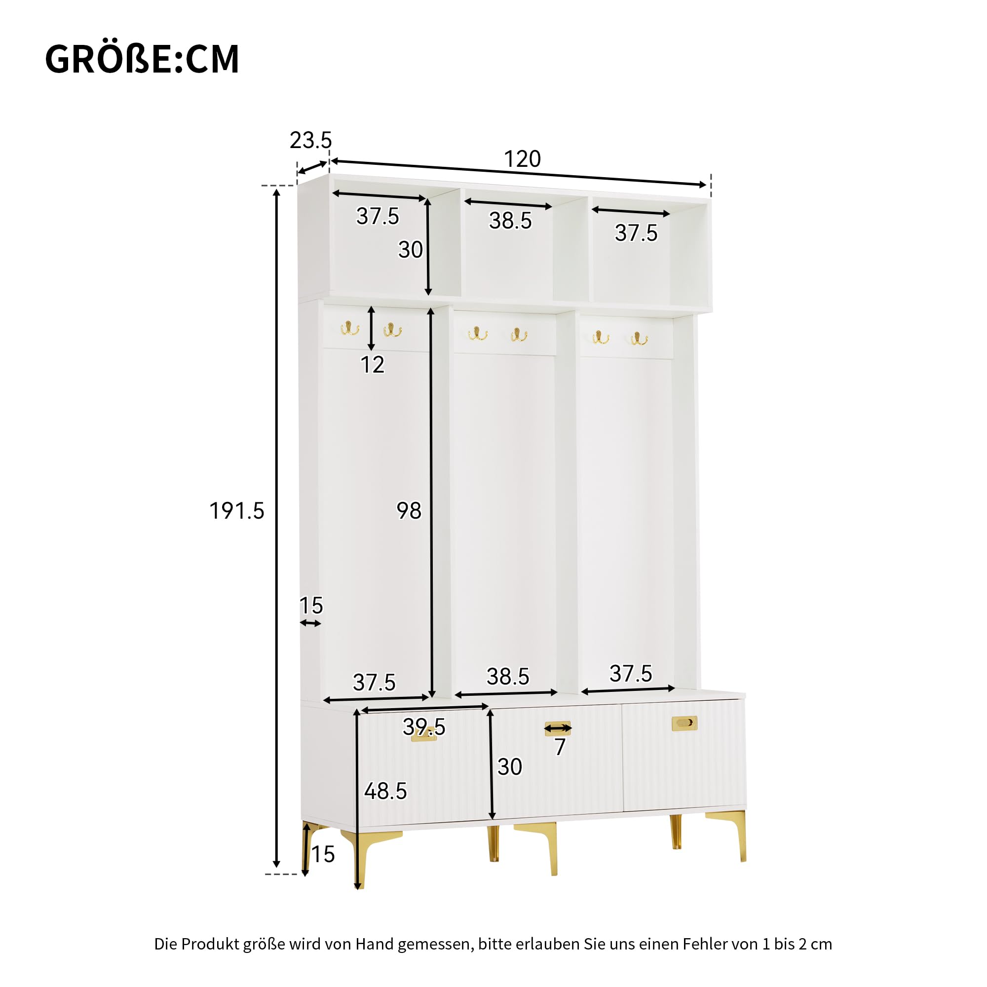 SUKY Set appendiabiti con panchina, bianco, 120 x 23,5 x 191,5 cm, multifunzionale, portaoggetti aperto, 6 ganci e piedi dorati, adatto per corridoio, soggiorno
