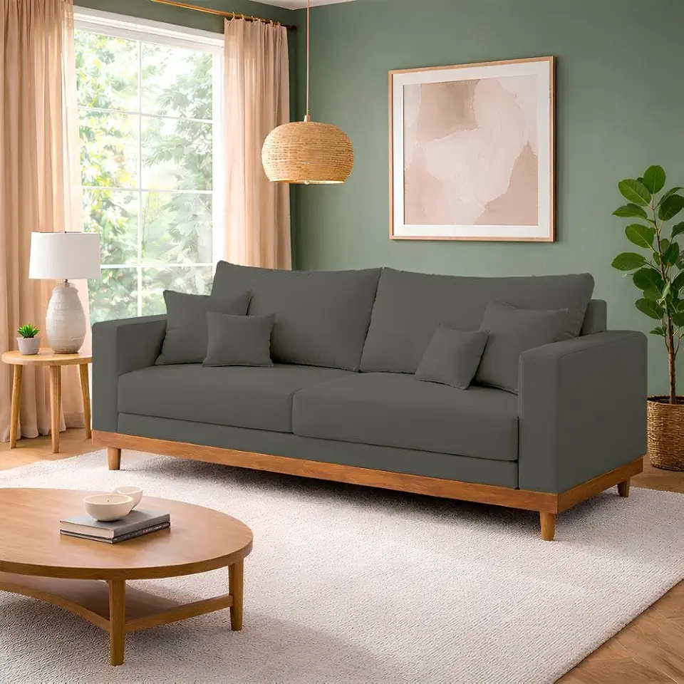 Sofá Living 3 Lugares Suede Reforçado + Almofadas Recepção Sala - Balaqui Decor Cor:cinza