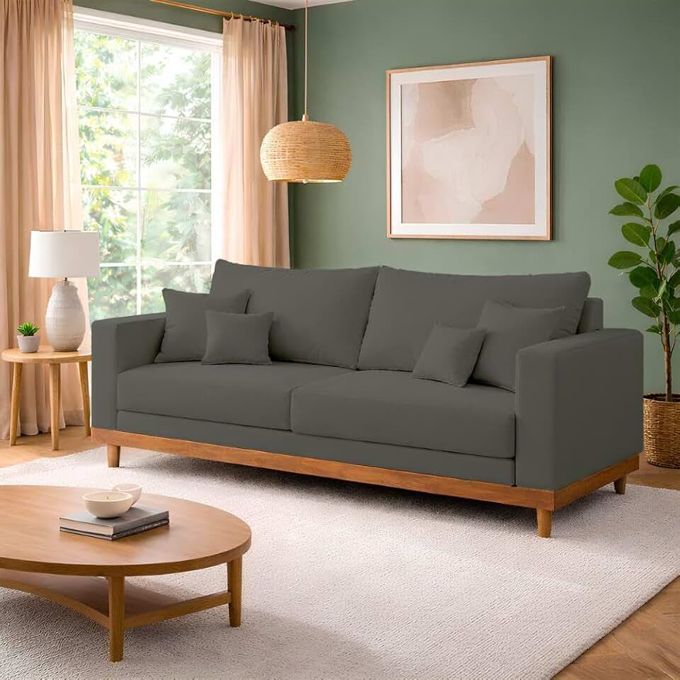 Sofá Living 3 Lugares Suede Reforçado + Almofadas Recepção Sala - Balaqui Decor Cor:cinza