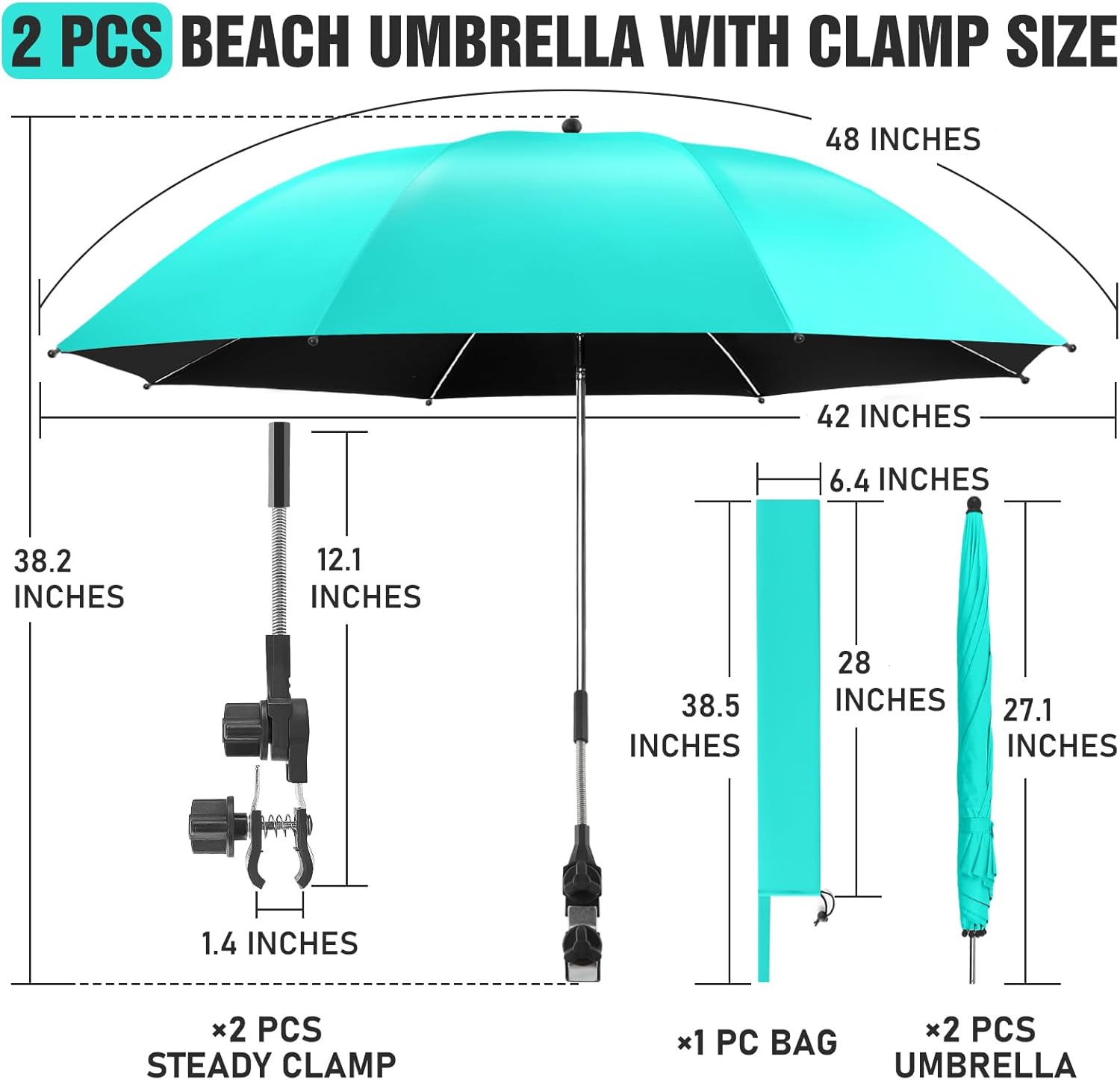 2 PACK Beach Umbrella with Clamp, 360 ° Adjustable Umbrellas for Chair, UPF50+ Umbrella for Beach Chair, Patio Chair, Wheelchair, Camping Chair, Golf Carts (Chair Not Included) - Image 4
