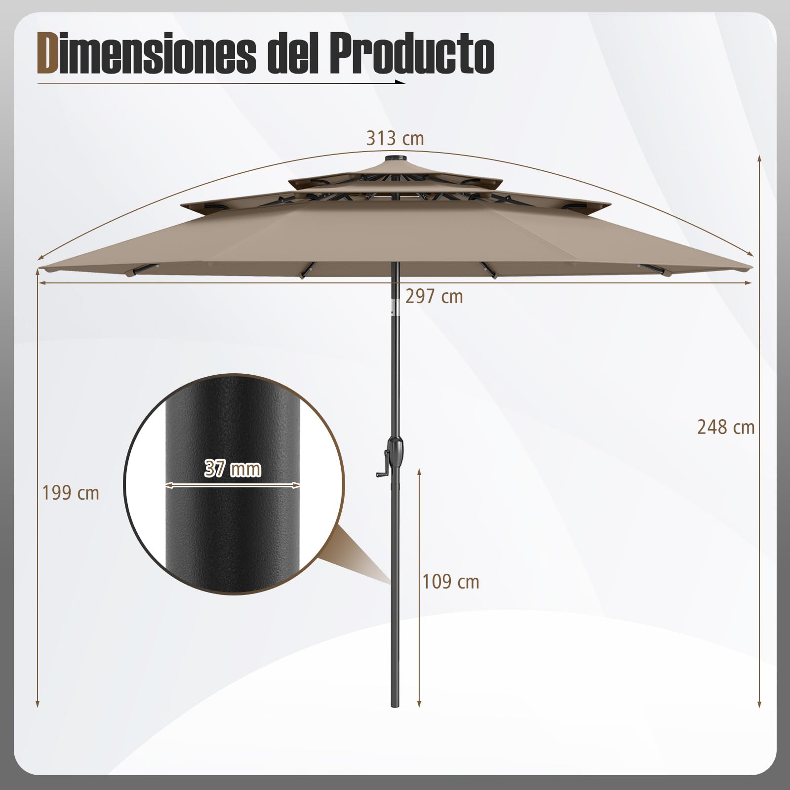 COSTWAY Sombrilla Terraza Exteriorφ300 cm, Parasol con Botón de Inclinación, Manivela, 8 Varillas Resistentes, Sombrilla Jardín Playa Piscina