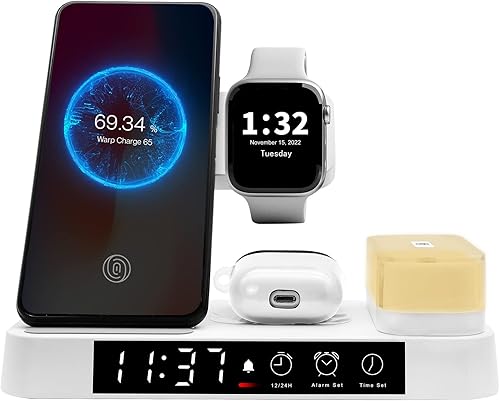 Cargador inalámbrico, estación de carga inalámbrica 4 en 1 con reloj despertador digital, luz nocturna, cargador rápido de 20 W para AirPods Watch