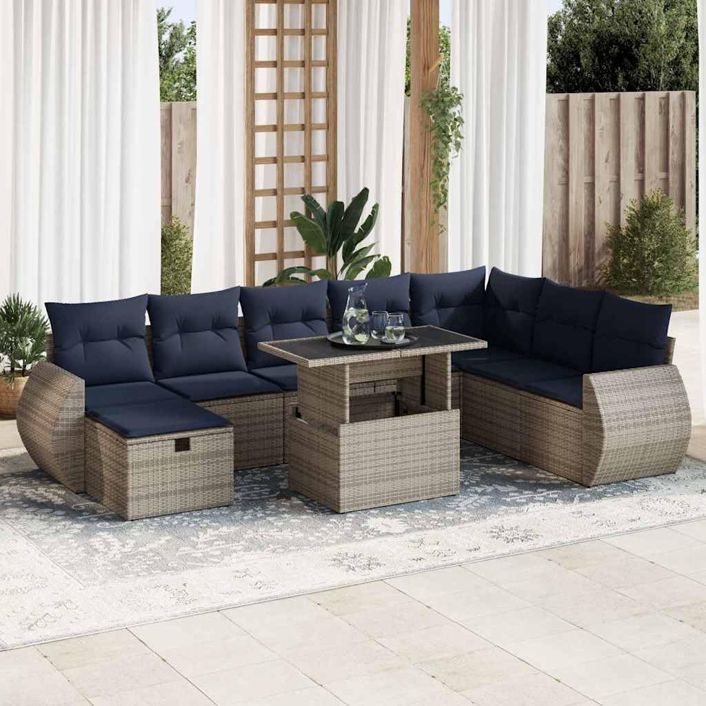 Juego sofá jardín 9 Piezas Poli ratán marrón con Cojines Azules, Mueble Exterior Modular con almacenaje y Mesa Auxiliar Plegable para terraza Patio balcón Ocio Descanso