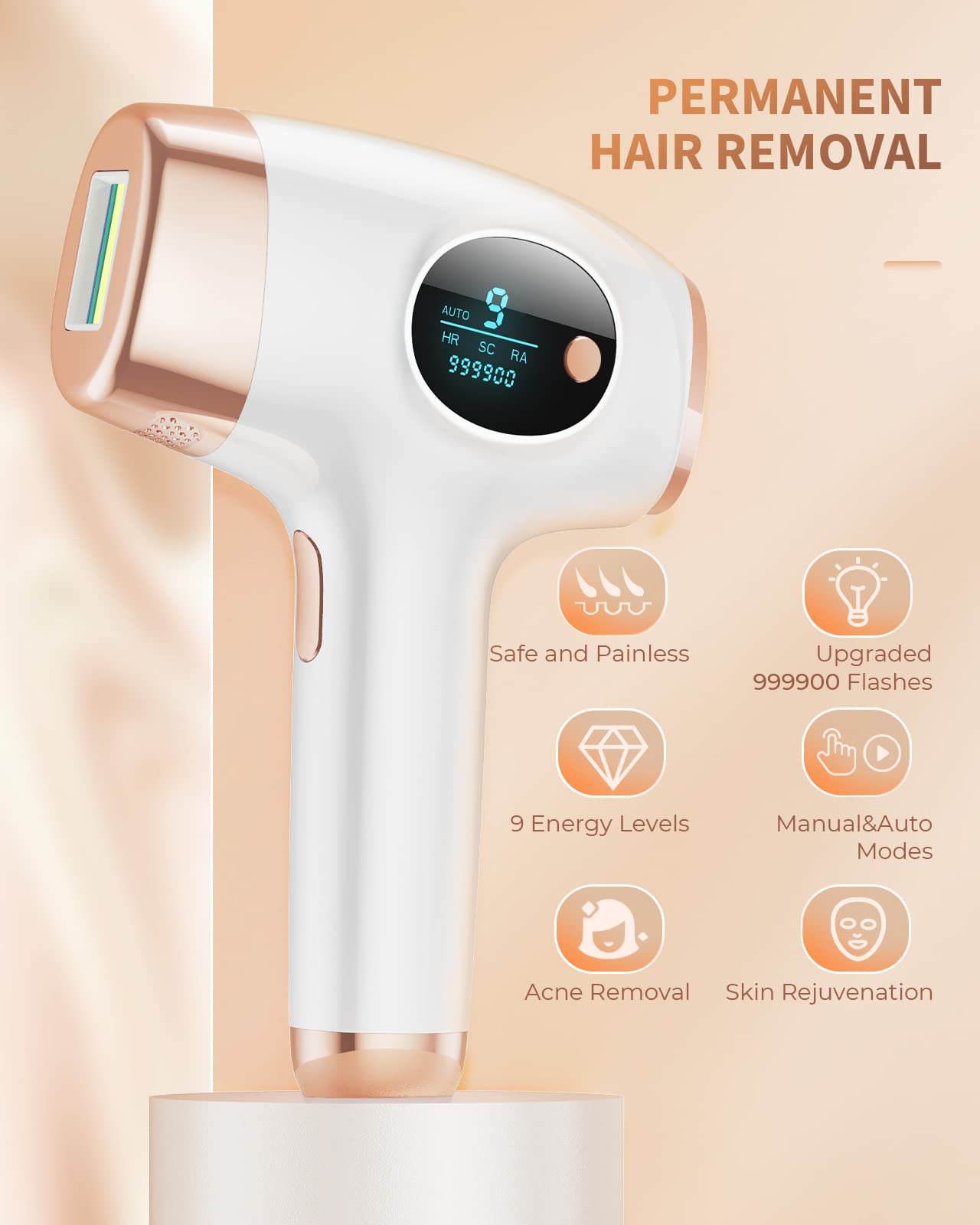 Épilateur Lumière Pulsée, 999,900 Flashs Épilateur Laser IPL avec 9 Niveaux d'énergie Améliorés 3 Fonctions - HR/SC/RA et 2 Modes pour Femme et Homme, Visage,Corps,Bikini, Aisselles