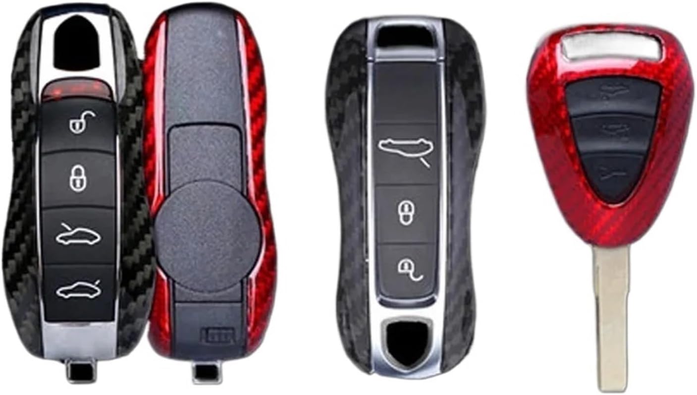Compatible for Porsche Panamera Cayenne 958 Macan 718 911 Carbon Fiber Car Key Case Cover Keyless Remote Case Casing Side Shell Cap(Red BSJC,Case and Keychain)