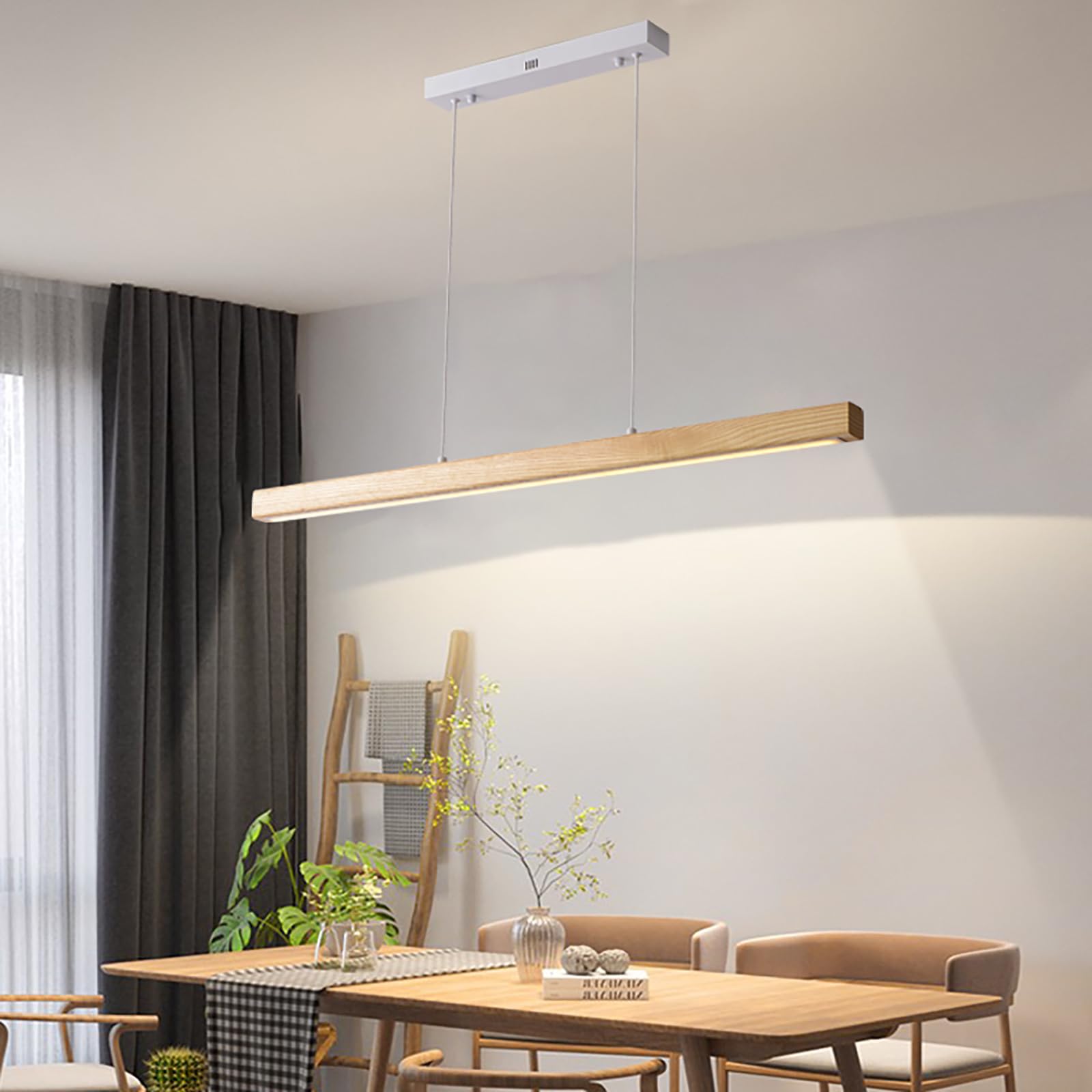 LED Legno Lampadario Cucina, Tavoli da Pranzo Lampada a Sospensione Dimmerabile Interni, Telecomando & App Controllo,Design Moderno, Temperatura Colore/Luminosità/Altezza Regolabili,L120CM/48W