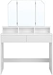 VASAGLE Schminktisch, Frisiertisch mit Klappspiegel und 2 Schubladen, Kosmetiktisch mit 3 offenen Fächern, Frisierkommode, für Make-up, modern, weiß RDT115W01