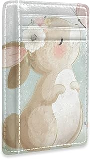 Cute Bunny Rabbit with Flowers Playing with Butterfly White Style Slim Minimalist Wallet, Front Pocket RFID Blocking Leather Credit Card Holder, Case Protector Covers for Men Women