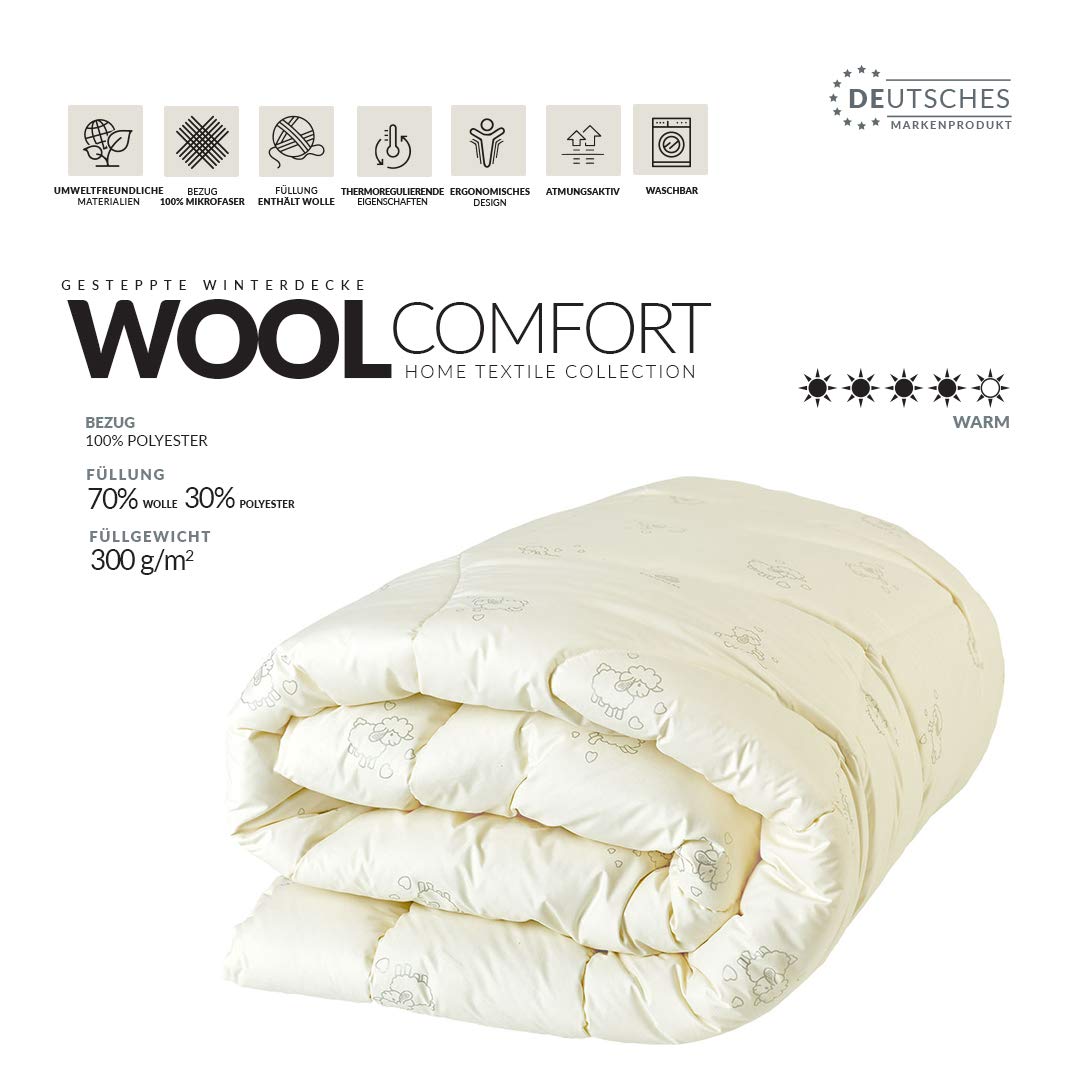 sei Design Wolle Bettdecke Wool Comfort mit feinste Schurwolle gefüllt - Winterwarm 220x200 - Bezug - weiche Mikrofaser