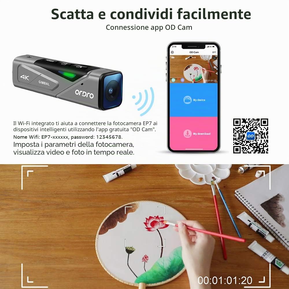 ORDRO Videocamera Vlogging EP7 4K 30fps UHD FPV Videocamera con stabilizzatore cardanico incorporato Messa a fuoco automatica, telecomando e scheda MicroSD da 64 GB