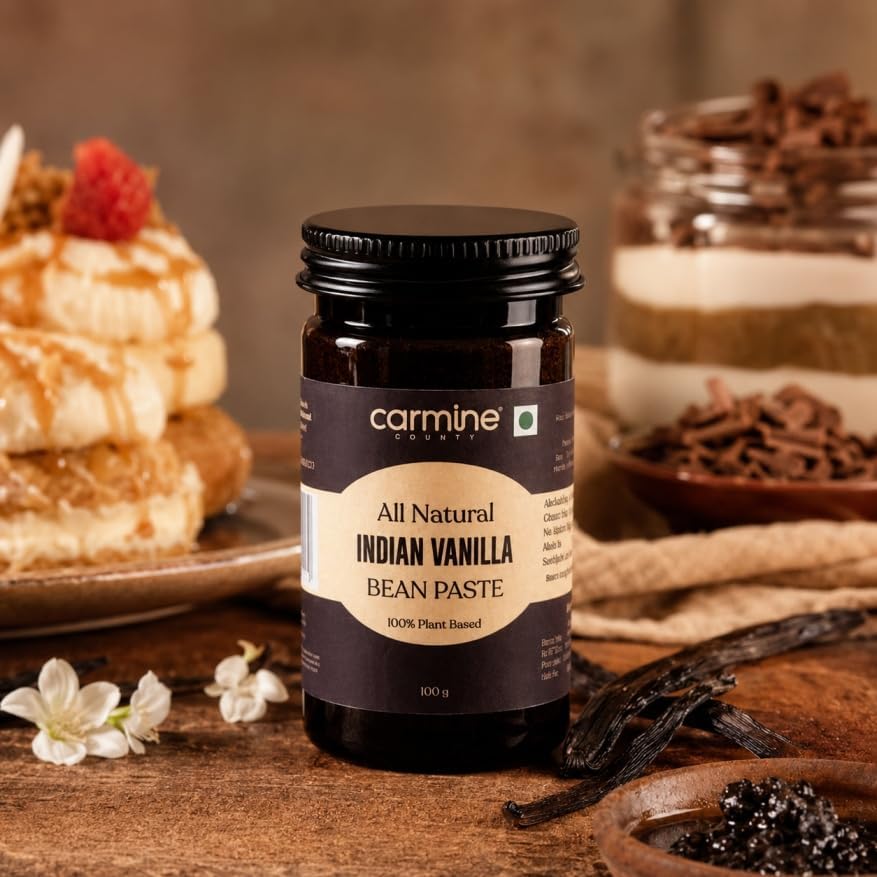 Image of Carmine County All Natural Pure Indian Vanilla Bean Paste 100g | No Added Sugar, Gluten-Free | Rich Flavor for Baking, Cooking, Ice Cream, Cakes, Cookies, Custards, Coffee, Milkshakes & Frosting | Vanilla Extract Substitute