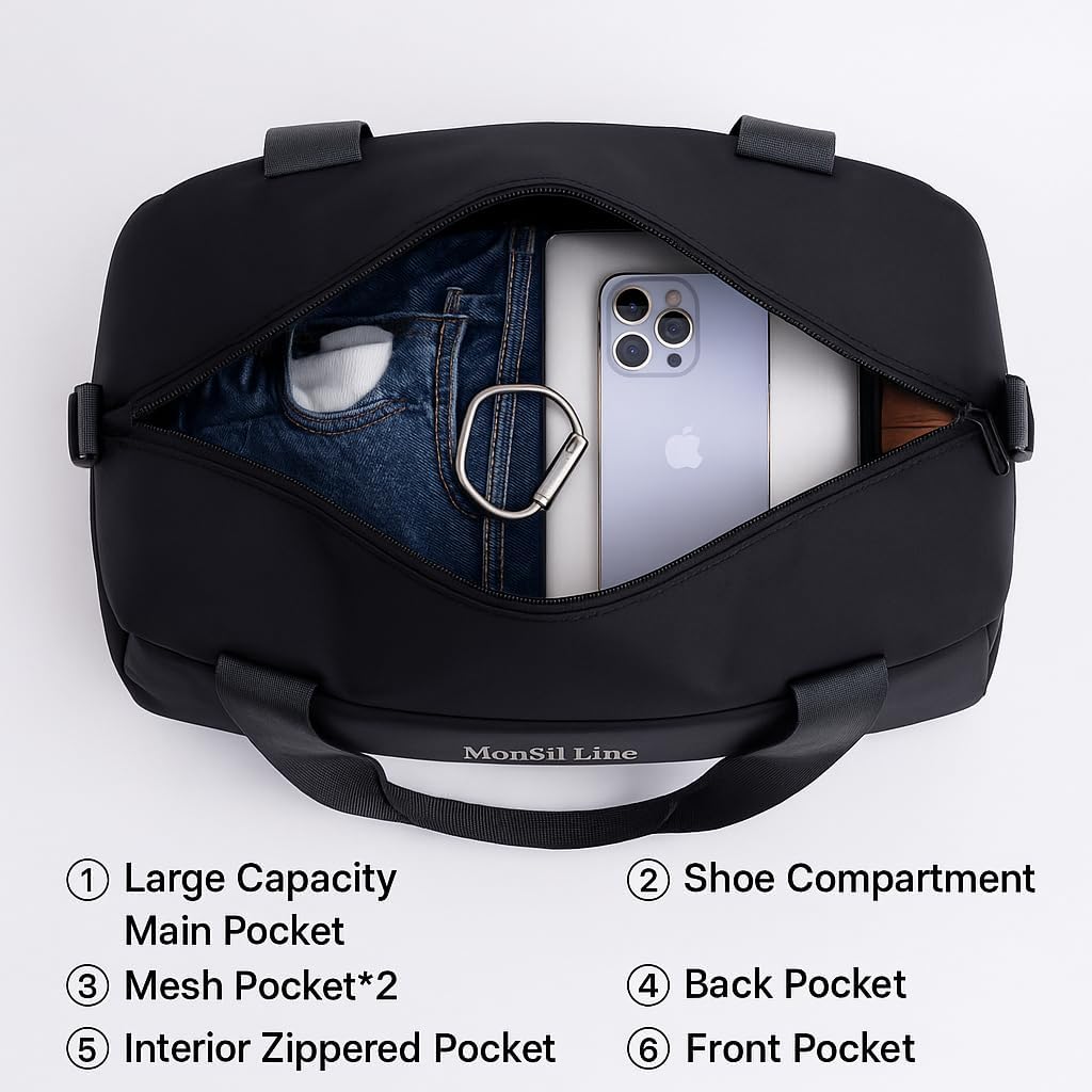 Gym Bag for Women Men with Shoe Compartment, Waterproof Small Duffle Bag for Travel, Sports, Weekend Lightweight Carry On Tote Bag (Black) - Image 4