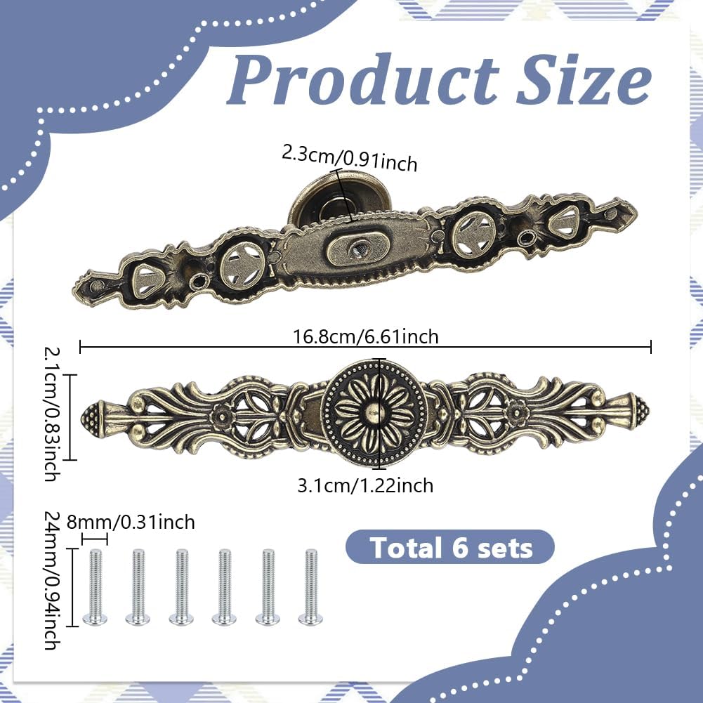 ANATTASOUL 6Pcs Antique Brass Cabinet Knobs Vintage Sunlower Drawer Ring Knobs, 6.61"x0.83" Decorative Pull Handles with Screws for Cabinet Cupboard Chest Closet Wardrobe Furniture