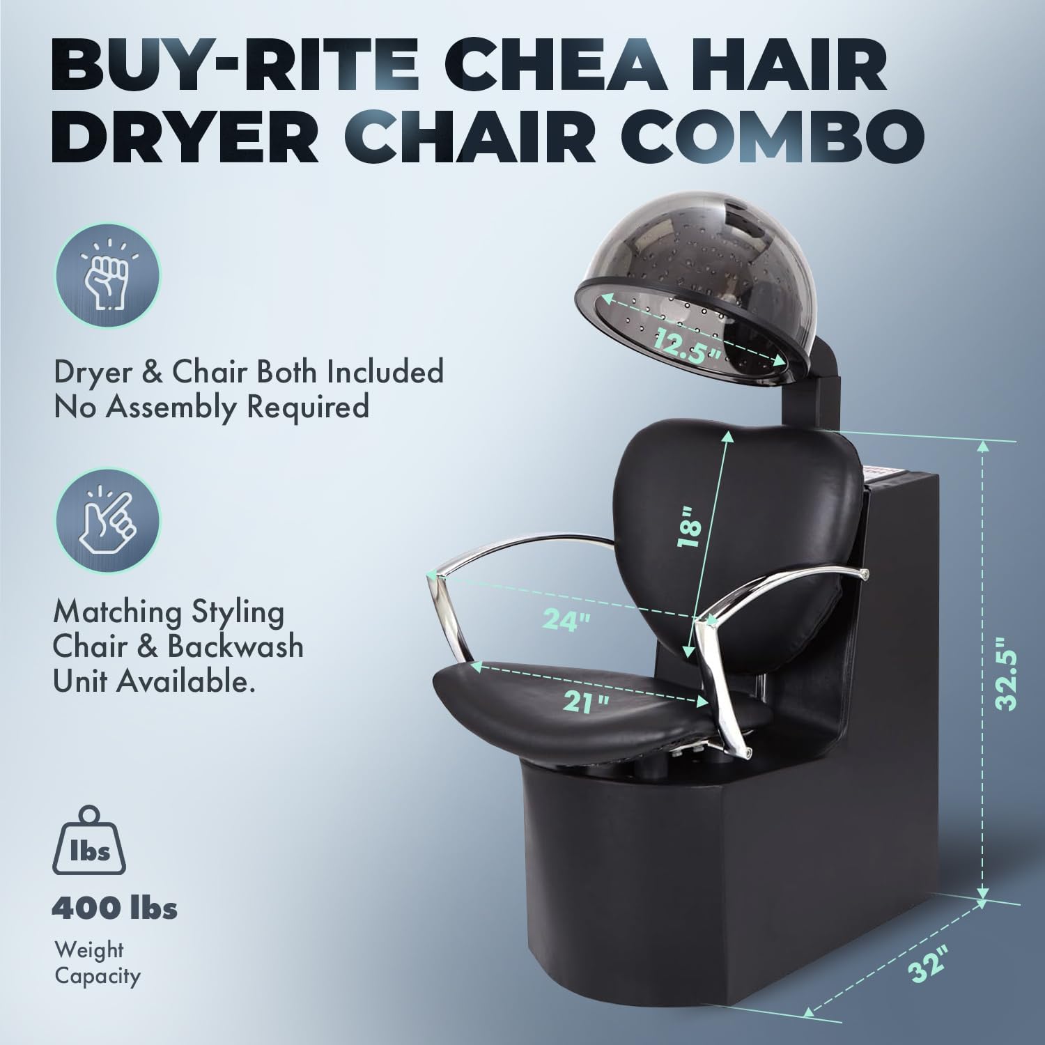 Buy-Rite Chea Hair Dryer Chair with 980W Salon Dryer - Extra-Wide Seat, 4 Heat Settings, Timer, Metal Arms, Modern Design, No Assembly Required, Pro Salon Combo, OD-6918DCHL-1500
