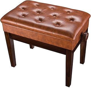 AW Piano Bench Stool Adjustable Height Leather Padded Wooden Keyboard Seat with Music Storage Weight Capacity 551lbs Brown