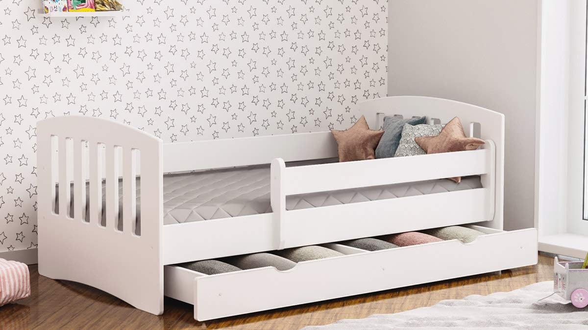 Toddler Bed Kids Bed Junior Children's Single Bed with Mattress and Underbed Drawer Included - Classic (White,140x80)