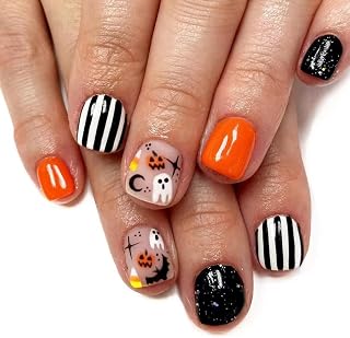 24Pcs Orange Halloween Press on Nails Short Square Fake Nails Little Ghost Pumpkin Stripe Design False Nails Bat Skull Full Cover Acrylic Nails Glue on Nails for Women Halloween Nail Art Decoration