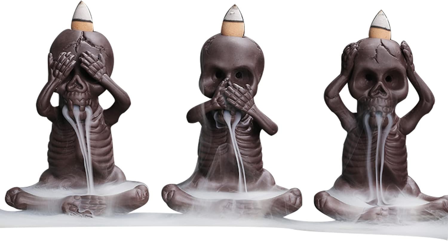Set of 3 Skull Backflow Incense Burners, Waterfall Incense