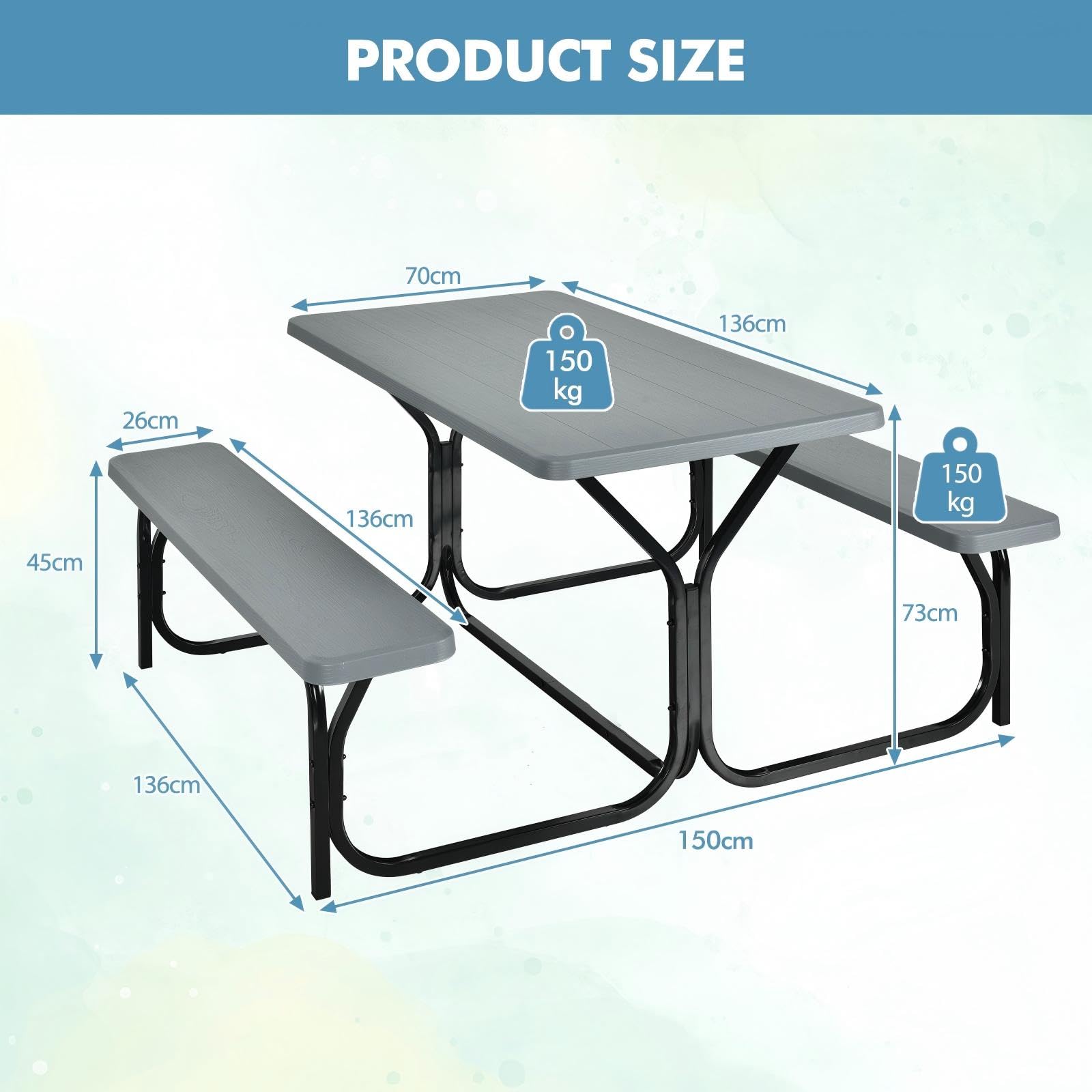 Juego de Mesa y sillas de Picnic, Juego de Comedor y Banco portátil para Acampar, Juego de Exterior e Interior para Barbacoa, Fiesta, jardín o Patio (Gris)