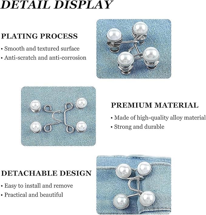 Image of YEKDA Denim Button Kit - 2 PCS Assorted Jeans Buttons for Quick Fix & DIY Adjustment - No-Sew Snap-On Metal Buttons for Pants, Skirts, Shorts - Easy Waist Size Control (Black & White Pearl)