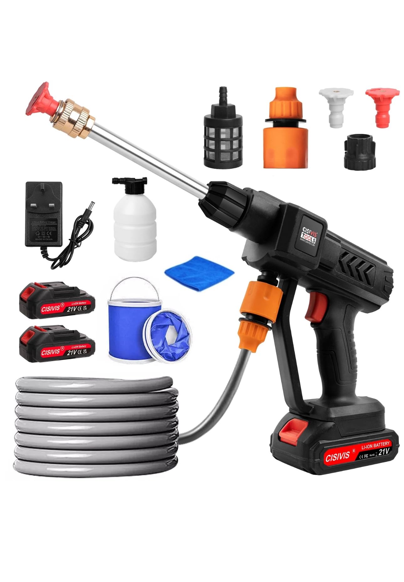 Cordless Pressure Washer, 3000 PSI, 24V, 5m Hose, 2 Batteries, Portable Car Cleaning Kit
