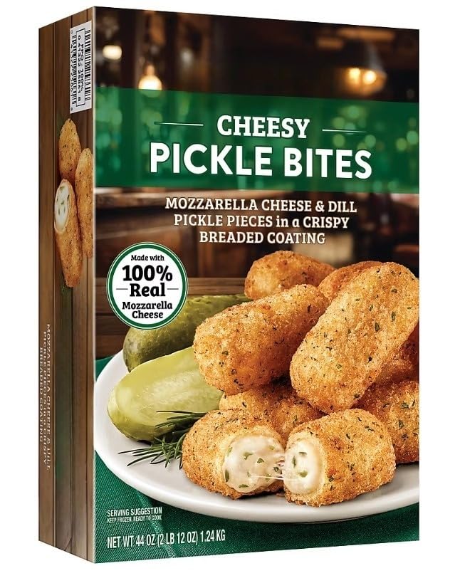 Cheesy Pickle Bites, Mozzarella Cheese, Crispy Breading , Brings the crunch! Farm Rich Cheesy Pickle Bites combine mozzarella cheese with tangy diced dill pickles, all wrapped in a crispy Romano breading that delivers big flavor in every bite. Perfect for parties, game days, or anytime cravings hit, these bites are easy to prepare and impossible to resist. Bonus: each serving packs 11 grams of protein to keep you satisfied. [ 44 oz , 2.75 lb ]