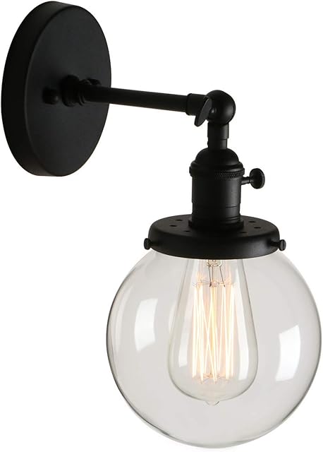 PathsOn Industrial Vintage Loft Bar Kitchen Switch Wall Lights Fittings Corridor Sconce Light Lamp Fixture with 15cm Globe Clear Glass Lampshade (Black)