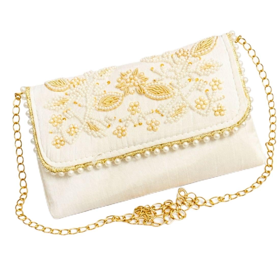 Handcrafted White Pearl Embroidered Clutch Bag for Women | Wedding & Bridal Ethnic Handbag-image-17
