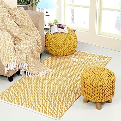 About Home Alfombra de algodón tejida a mano con patrón de diamantes (mostaza) Cover