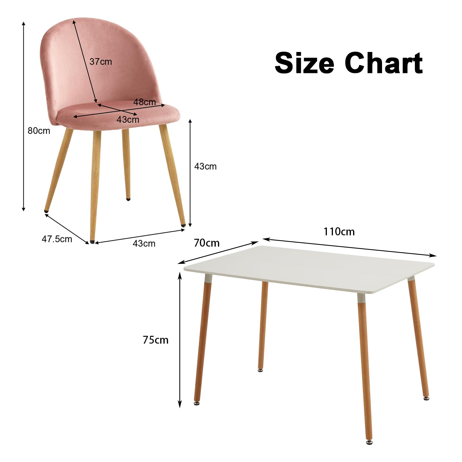 Esstisch mit 4 Stühlen, Esszimmer-Set, 110 x 70 x 75 cm, rechteckiger Esstisch aus Holz, 4 Samtstühle mit hoher Rückenlehne, Rosa + Weiß