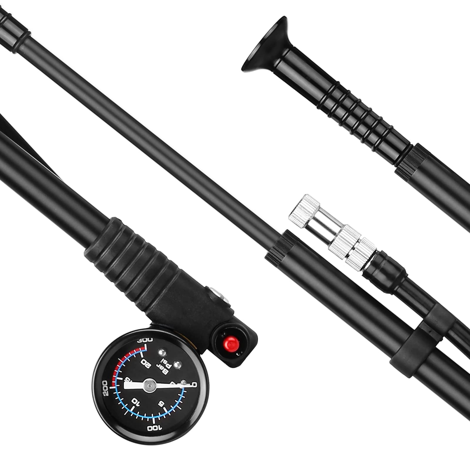 Pompa per ammortizzatori ad alta pressione 300 PSI Pompa ad aria Presta Schrader Valve Pompa per bici da strada con manometro per forcella anteriore e sospensioni posteriori per bicicletta Ammortizz