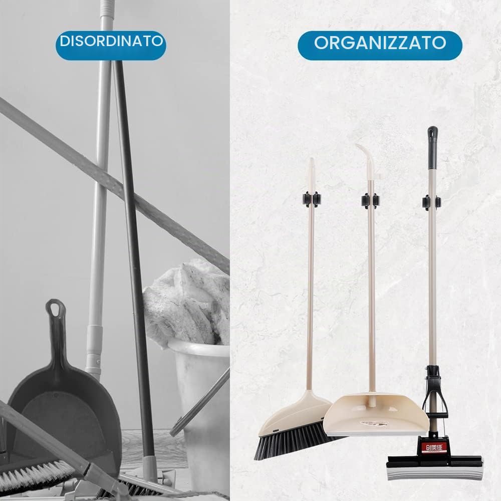 PIQIUQIU 6 supporti per scopa da parete, con vite, in acciaio inox ad alte prestazioni, mocio e porta scopa, per la pulizia della biancheria, bagno, cucina, garage (nero)