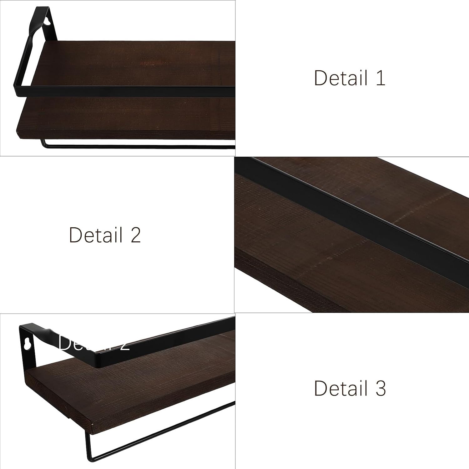 BETOOKY Wooden Floating Wall Shelf Set, Decorative Storage Holder with Towel Rack, Pine Wood Deep Brown, Bathroom and Kitchen Organizer, 2pcs Storage Rack for Home