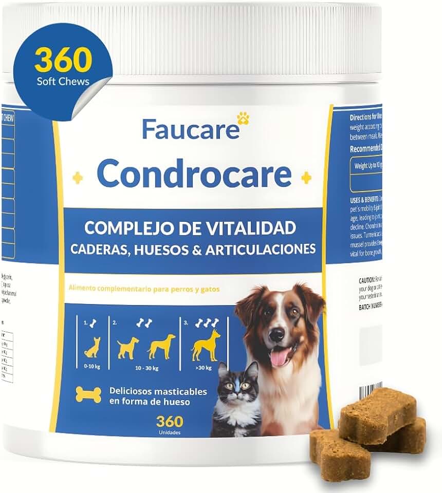 Condroprotector Perros 360 Uds (1 Año) Colágeno Magnesio y Calcio, Mantenimiento Articular, Glucosamina, Condroitina, Cúrcuma, Vitality Complex para Movilidad, Huesos. Faucare