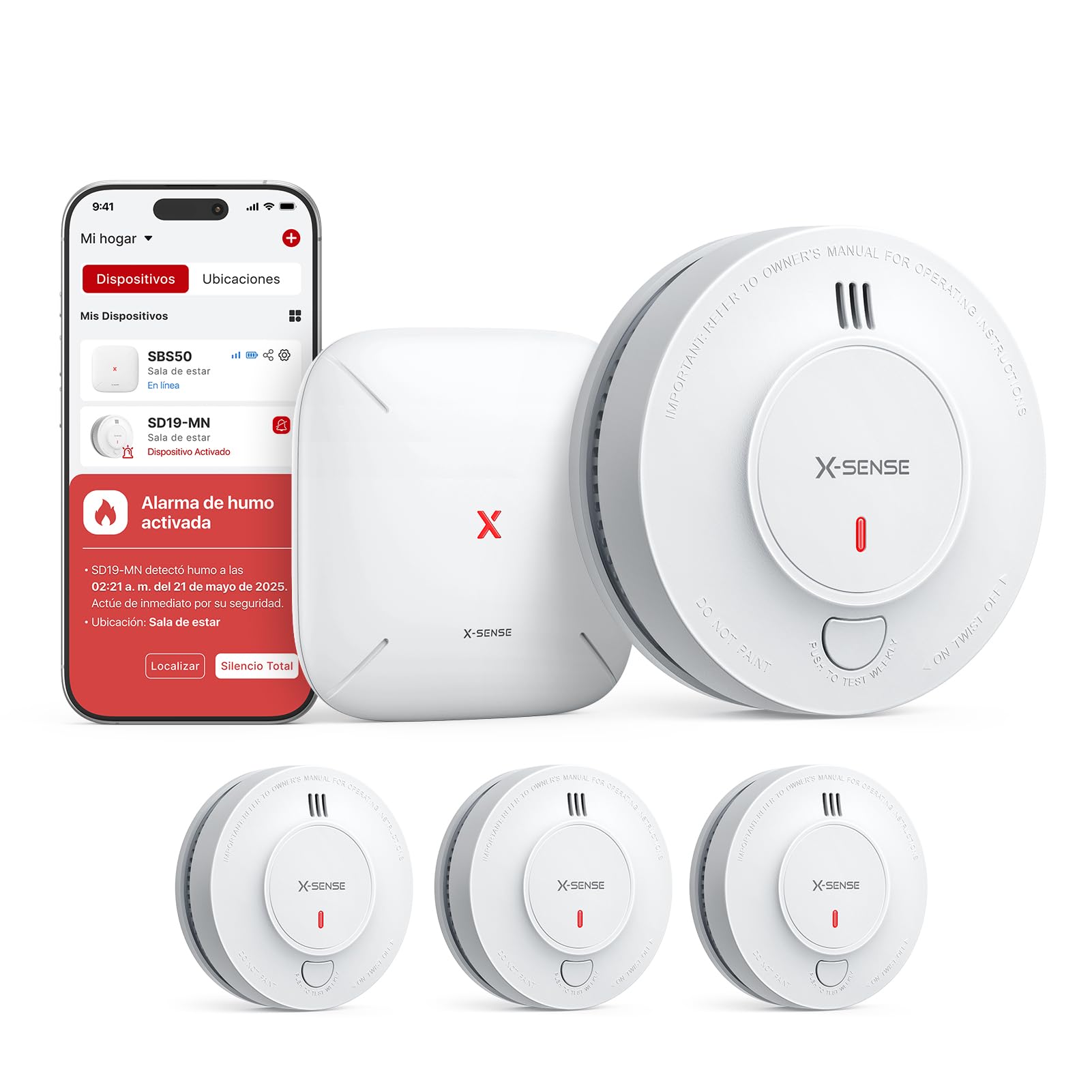 X-Sense - Detector de humo conectado con estación SBS50, alarma contra incendios inalámbrica interconectada, sistema de seguridad para el hogar, compatible con la aplicación X-Sense, SD11-MR31
