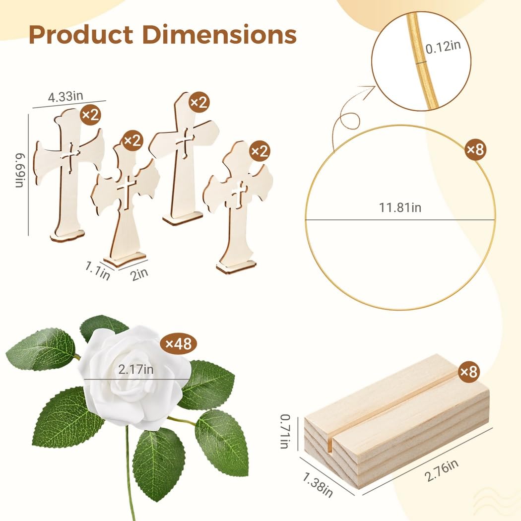 8 aros florales de metal dorado con soportes, 8 cruces de madera de pie, 48 rosas de espuma de tallo y hoja, 64 piezas de decoración de mesa de boda, centros de mesa de fiesta