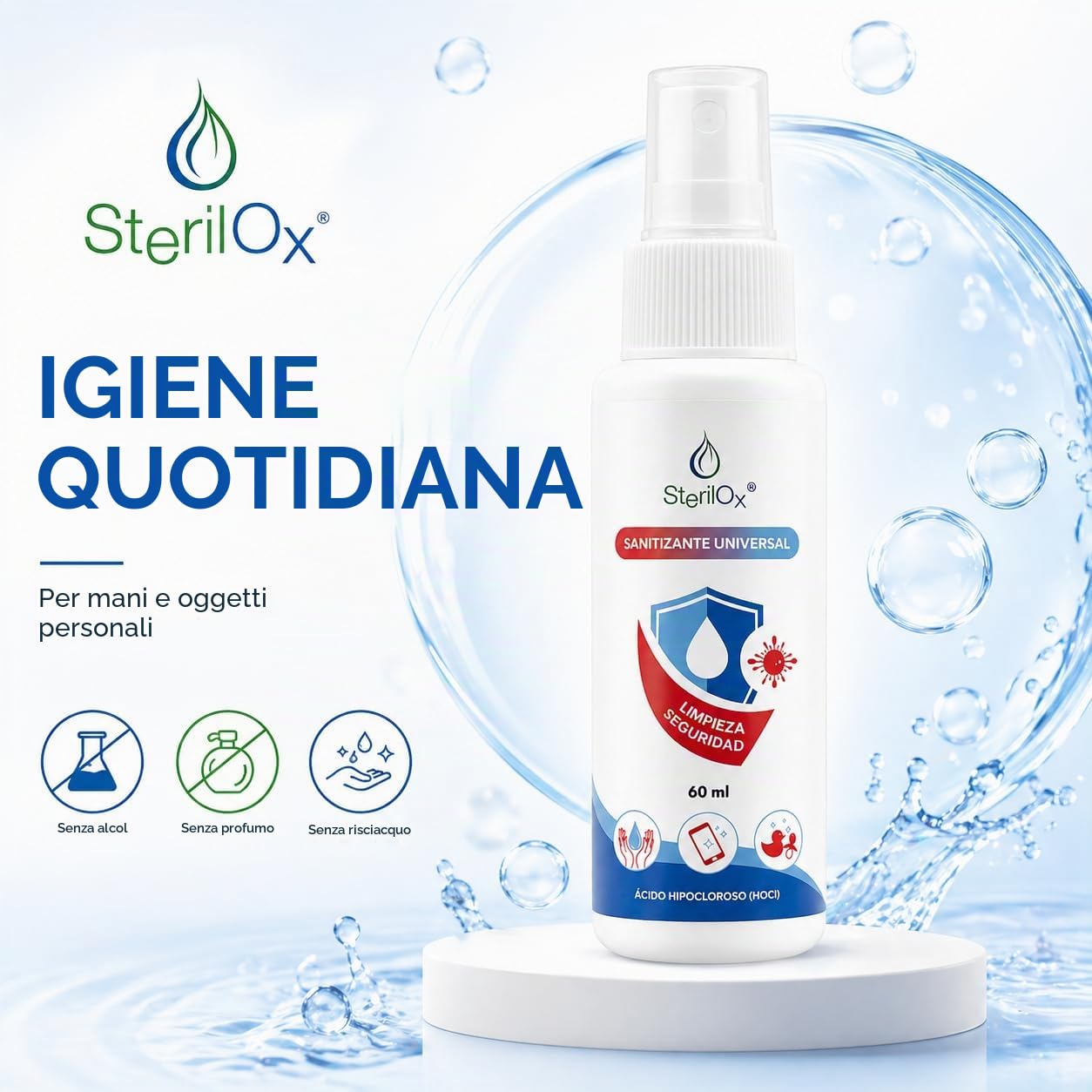 60 ml, spray cosmetico antisettico, per mani, giocattoli, piatti, oggetti, sicuro per bambini e animali domestici, senza alcool, senza profumo, con acido ipocloroso (HOCl)