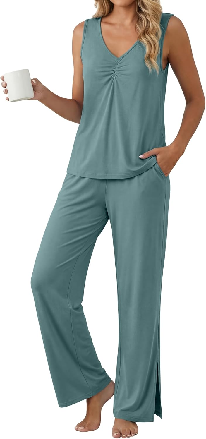 PrinStory Womens Pajama Sets Soft Knit Pjs 2 Piece Sleeveless Pajama Set Summer Lightweight Pj with Pockets