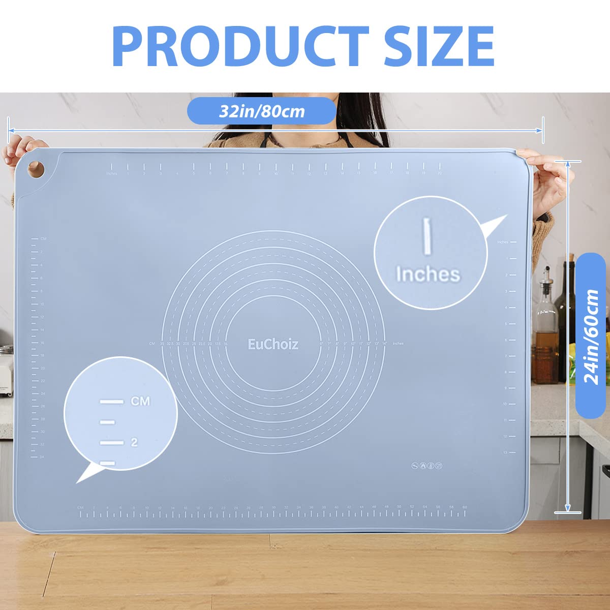 Silikon-Backmatte, 81,3 x 61 cm, extra dick, antihaftbeschichtet, Lebensmittelqualität, Silikon, Teigrollmatte mit Kantenerhöhung, groß, Blau