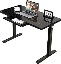AIMEZO Electric Standing Desk with Drawer Tempered Glass Desk Computer Surface Laptop Desk Height Adjustable Desk with Touchscreen Memory Preset &Wireless Charging (Black)