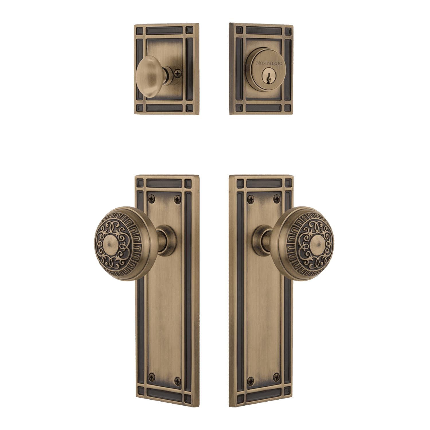 Nostalgic Warehouse Mission Entry Set with Egg & Dart Knob in Antique Brass-2 3/8" Backset-Universal Handing