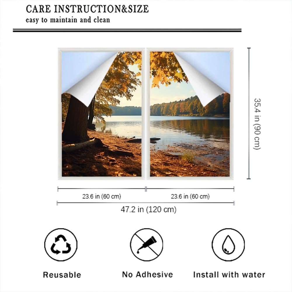 Wonderful Forest Scene Window Privacy FilmFall Modern Rustic Scenery Stained Glass Window Coverings No Glue Static Cling Window Film for Home Office Stores 23.6Wx35.4L-inch x2 Pcs