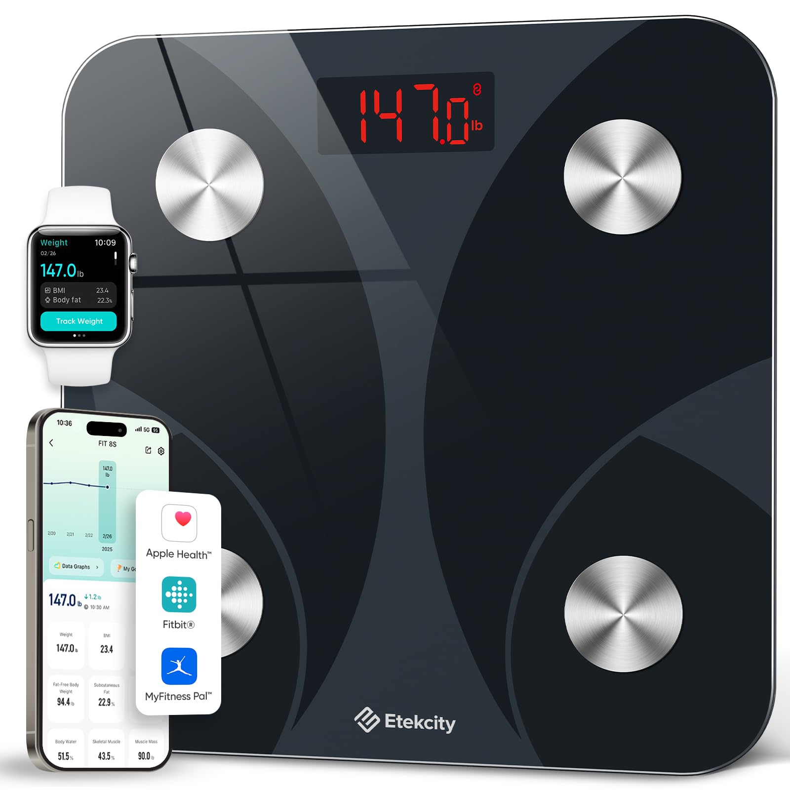 Etekcity Scales for Body Weight, High Precision 0.1lb Bathroom Digital Weighing Scale with App& Bluetooth, Smart Body Composition Monitor for BMI, Fat Percentage, Muscle Mass, Ash-black