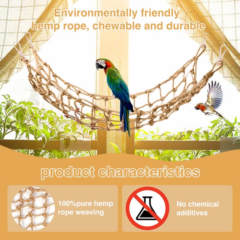2 Pacchi di Rete di Corda Naturale per Uccelli, Amache a Dondolo per Pappagalli, Amache Sospese per Attività per Ratti, Pappagalli, Ara, Parrocchetto, Calopsitta, Cacatua, Conure, Pappagallo