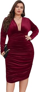 Women's Plus Size Ruched Deep V Neck Midi Dress Long Sleeve Velvet Bodycon Dresses